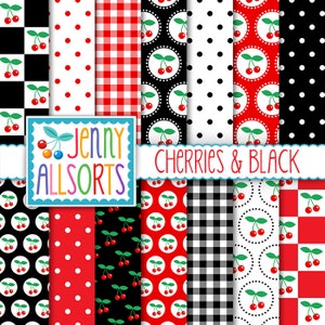 Rockabilly Cherries Digital Scrapbooking Paper, printable digital paper, cherries designs, retro cherries, cherry background patterns
