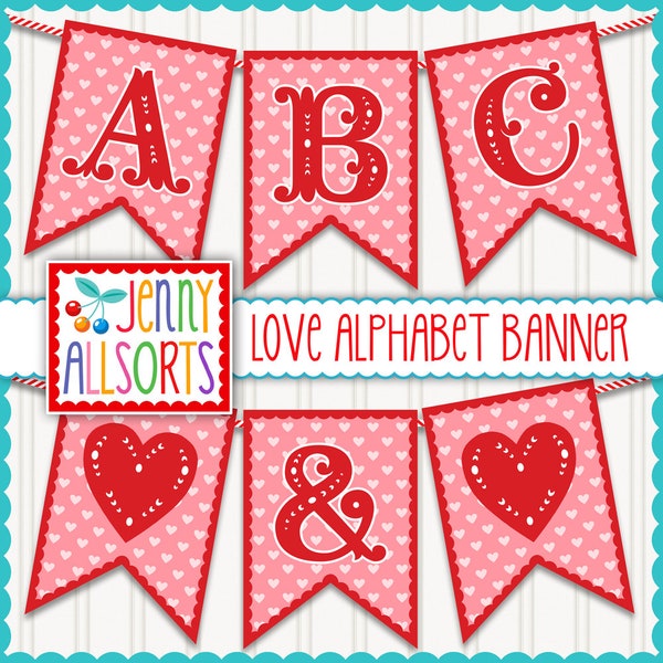 Love Digital Banner - Printable Valentines Alphabet Love Flags, Valentines Day Party Decor, Love Pennant Bunting, sweet cute Bunting Flags