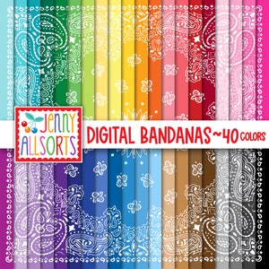 Paisley Bandana Digital Design Paper Bundle - 40 colori arcobaleno luminosi per inviti, creazione di carte, scrapbooking digitale, sfondi bandana