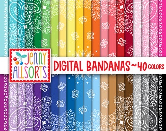 Paisley Bandana Digital Design Paper Bundle - 40 Bright Rainbow Colors for Invites, card making, digital scrapbooking, bandana backgrounds