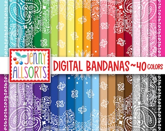 Paisley Bandana Digital Design Paper Bundle - 40 Bright Rainbow Colors for Invites, card making, digital scrapbooking, bandana backgrounds