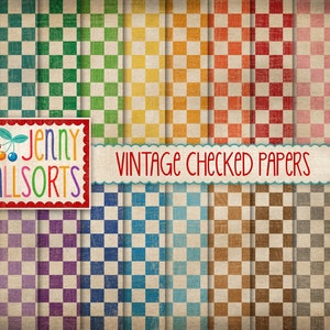 Vintage Checked Digital Paper Pack - worn checkered patterns, retro circus paper, vintage aged checks paper, vintage checkerboard background