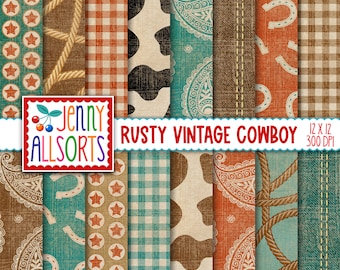 Rusty Vintage Cowboy Digital Design Papers - Teal & Orange Western background, Old West scrapbook paper, aged worn grunge background texture