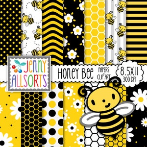 Pode incluir: Um conjunto de 10 papéis digitais com tema de abelha. Os papéis incluem vários padrões como bolinhas, listras, favos de mel e margaridas em preto, branco e amarelo. Os papéis são de 21,6 x 27,9 cm e 300 DPI.
