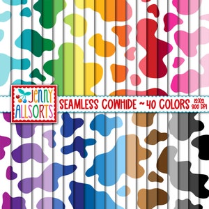 Pacchetto di design digitale con motivo mucca senza cuciture - 40 colori, carte stampabili in pelle di mucca, progetti a tema cowboy western, scrapbooking e sfondi