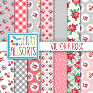 Shabby Roses Digital Paper - Victoria Rose, Pink Roses & Gray, rose pattern, cottage rose paper pack printable, digital scrapbook background