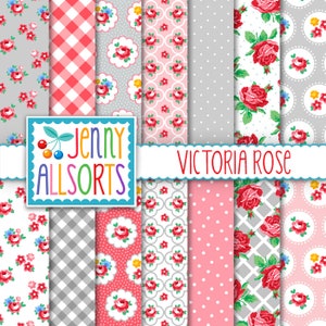 Shabby Rosen Digital Papier - Victoria Rose, rosa Rosen & grau, Rosenmuster, Cottage Rose Papierpackung zum ausdrucken, zum ausdrucken, für Scrapbooking