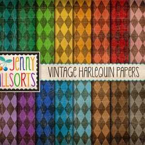 Vintage Harlequin Digital Paper Pack Dark - worn diamond patterns, retro circus paper, aged circus paper, vintage grunge carnival background