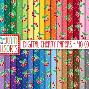 Cherries Digital Paper Pack - 40 Color Bundle, instant download, printable red cherry scrapbook paper, seamless cherries digital background