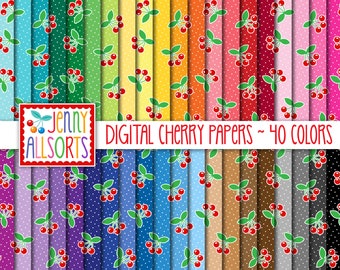Cherries Digital Paper Pack - 40 Color Bundle, instant download, printable red cherry scrapbook paper, seamless cherries digital background