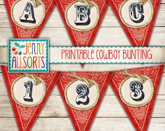 Printable Banner Vintage Western Bandana Pennants - Digital Cowboy Alphabet & Numbers, Printable Western Party Decor, Cowboy Bunting Letters