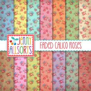 Faded Calico Roses Digital Papers - printable vintage floral fabric patterns - shabby vintage gypsy Boho backgrounds, soft faded worn colors