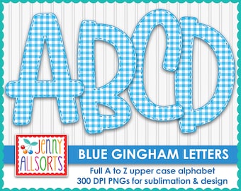 Blue Gingham Digital Alphabet for sublimation & design, 10" digital letters clipart, gingham scrapbook clip art, baby blue doodle letters