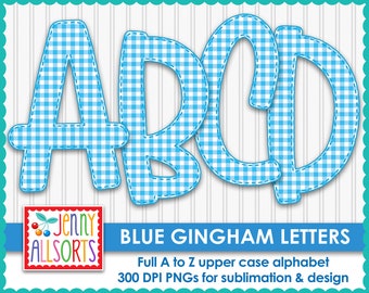 Blue Gingham Digital Alphabet for sublimation & design, 10" digital letters clipart, gingham scrapbook clip art, baby blue doodle letters
