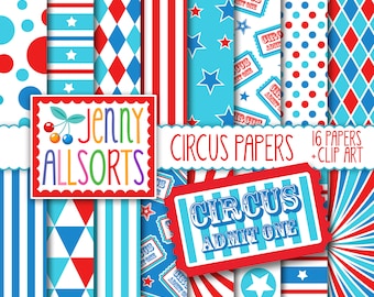 Circus Digital Paper + Clipart - Red blue & Aqua printable graphic design patterns for card making, digital scrapbooks, digital backgrounds