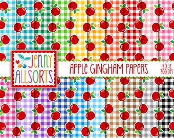 Apple Gingham Digital Paper Pack - 20 Colors, red apples on gingham printable scrapbook paper set, apple seamless gingham digital background