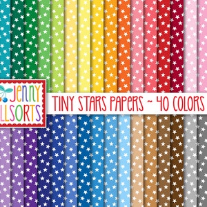 May include: A digital paper pack with 40 different colors of tiny white stars on a solid background. The colors range from light blue to dark grey. The paper pack is 12 x 12 inches and 300 DPI. The text "Jenny Allsorts Tiny Stars Papers ~ 40 Colors 12 x 12 300 DPI" is at the bottom of the image.