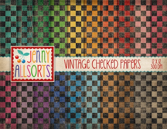 Vintage Checked Digital Paper Pack - black checkered patterns, retro circus paper, vintage aged checks paper, grunge checkerboard background