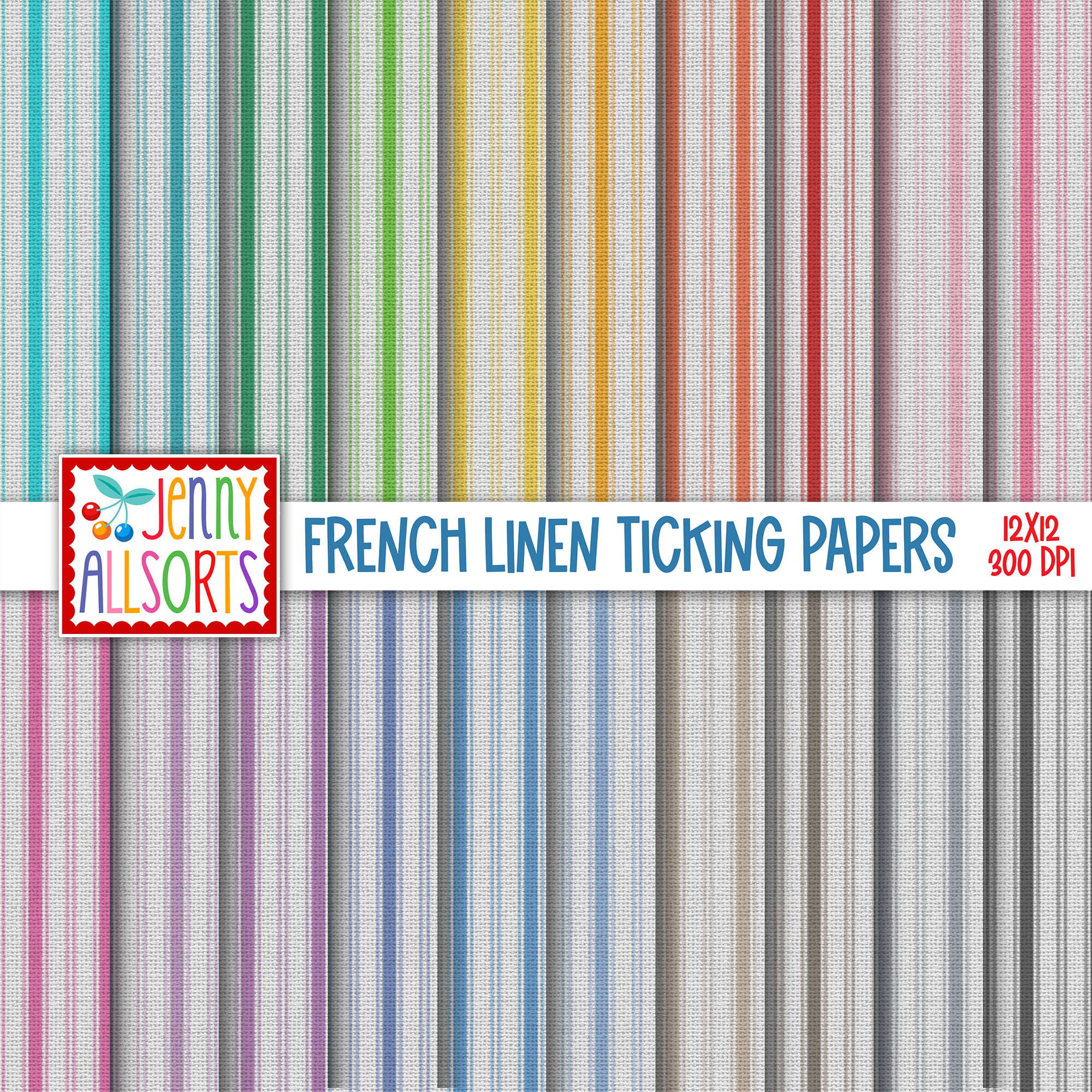 French Linen Ticking Digital Paper Set - Shabby Chic Farmhouse Cottage ...