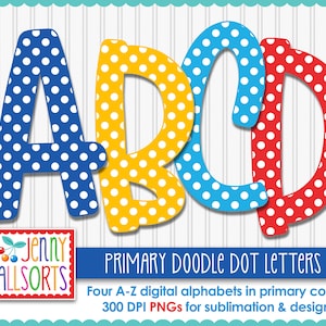 Paquete de 4 letras del alfabeto en colores primarios para sublimación y diseño, lunares de colores brillantes, rojo, amarillo y azul, letras garabateadas de clipart de álbum de recortes