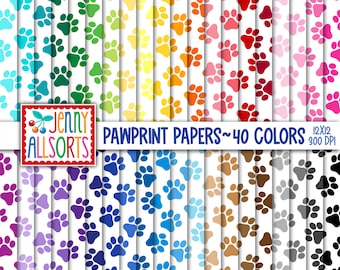 Paw Print Digital Paper Pack - 40 Color Bundle, printable puppy dog scrapbook paper, seamless animal paw print digital background graphics