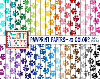 Paquete de papel digital con huellas de patas: paquete de 40 colores, papel imprimible para álbum de recortes de cachorros, gráficos de fondo digital con huellas de patas de animales sin costuras