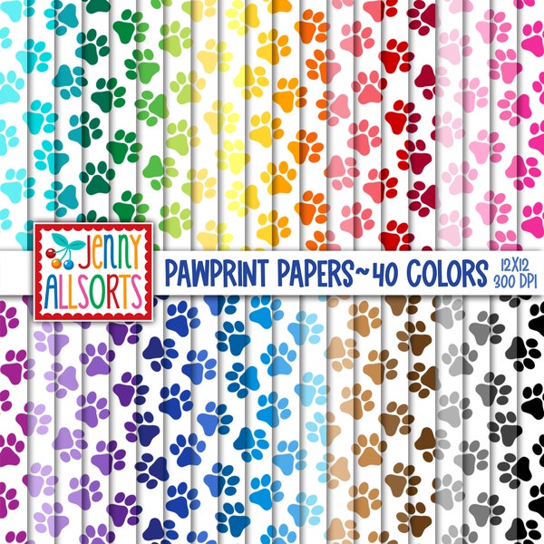 Paw Print Digital Paper Pack - 40 Color Bundle, printable puppy dog scrapbook paper, seamless animal paw print digital background graphics