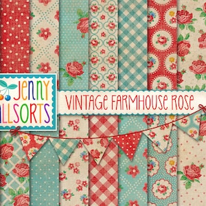 Vintage Farmhouse Rose Digital Paper Set + Clipart, shabby chic red & aqua cottage wallpaper patterns, faded worn roses background designs