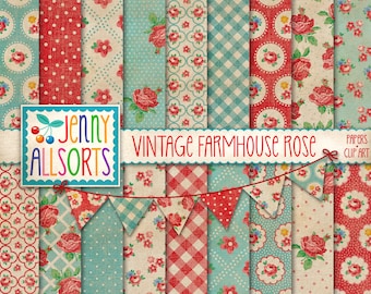 Vintage Farmhouse Rose Digital Paper Set + Clipart, shabby chic red & aqua cottage wallpaper patterns, faded worn roses background designs