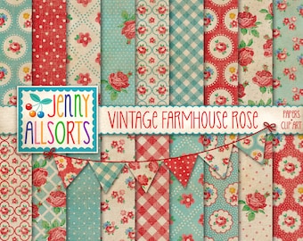 Conjunto de papeles digitales Vintage Farmhouse Rose + imágenes prediseñadas, patrones de papel tapiz shabby chic rojo y aguamarina estilo cabaña, diseños de fondo de rosas descoloridas y desgastadas