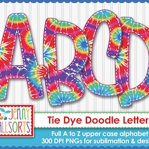 Rainbow Tie Dye Doodle Alphabet for sublimation & design, retro artsy swirl letters, bright colorful png clip art, kids fun summer alphabet