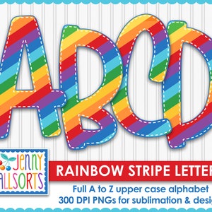 Alfabeto de rayas de arcoíris para sublimación y diseño, clipart de diseño digital de 10", clip art de álbum de recortes de colores primarios, juego de letras de arcoíris con garabatos