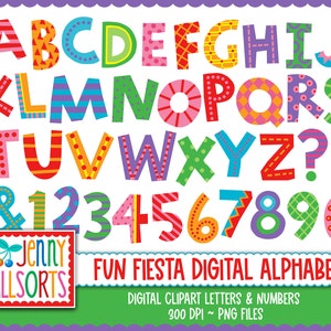 Leuke Fiesta-alfabet clipart - digitale handgetekende letters, plakboekillustraties, afdrukbaar alfabet, kleurrijke kindvriendelijke letters en cijfers