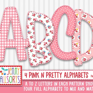 Pink n Pretty 4-Alphabet bundle for sublimation & design, girly digital ABC clip art, pretty doodle letters, pink rosebuds gingham + floral