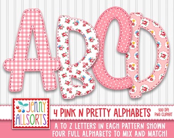 Pink n Pretty 4-Alphabet bundle for sublimation & design, girly digital ABC clip art, pretty doodle letters, pink rosebuds gingham + floral