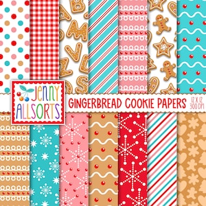 Digital Paper ~ Christmas Gingerbread Cookies, printable Christmas paper pack, red aqua & pink, digital scrapbook page kit, digital download