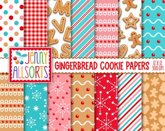 Digital Paper ~ Christmas Gingerbread Cookies, printable Christmas paper pack, red aqua & pink, digital scrapbook page kit, digital download