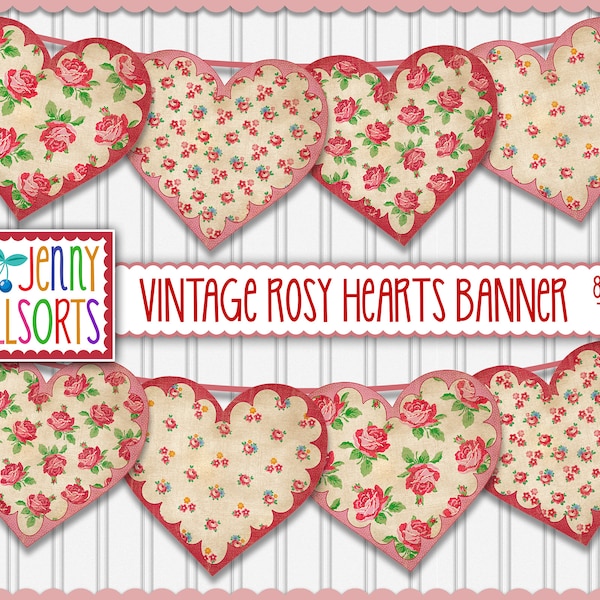 Vintage Rose Hearts Banner - Printable Shabby Rose Hearts, Valentines Day party decor, shabby farmhouse bunting, pink cottage core garland