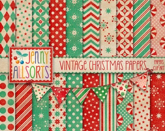 May include: A set of 16 vintage Christmas digital papers featuring red and green patterns with a variety of designs, including polka dots, stripes, snowflakes, stars, and candy canes. The papers are perfect for scrapbooking, card making, and other craft projects.