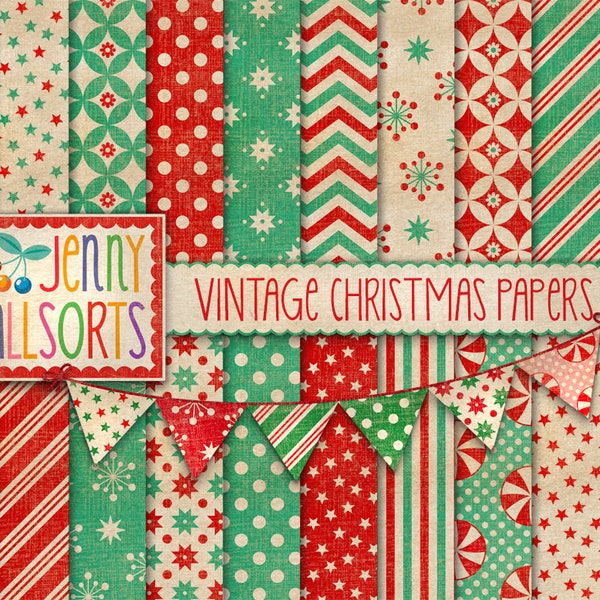 Vintage Christmas Digital Paper Set + Clipart - 20 printable vintage Christmas patterns - faded worn holiday paper, retro Christmas designs