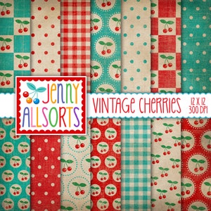 Cerises vintage & Aqua Digital Scrapbooking Paper Pack - papier de téléchargement numérique, fond de cerises grunge rétro, ensemble de papier numérique cerise