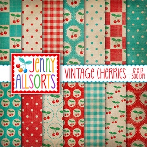 Vintage Cherries & Aqua Digital Scrapbooking Paper Pack - digital download paper, retro grunge cherries background, digital cherry paper set