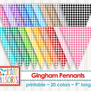 Gingham Pennants - Printable Digital Gingham Banner, Primary Colors, Birthday Party Decor, Gingham Pennant Flags, Kids Room Decor Bunting