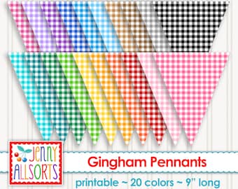Gingham Pennants - Printable Digital Gingham Banner, Primary Colors, Birthday Party Decor, Gingham Pennant Flags, Kids Room Decor Bunting