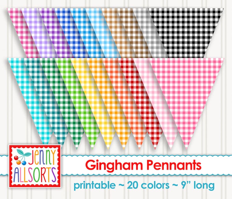 Gingham Pennants Birthday Party Decor Printable Digital Gingham Banner Kids Room Decor Bunting Gingham Pennant Flags Primary Colors