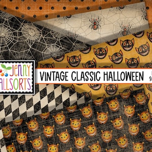 May include: Four digital paper designs featuring a vintage Halloween theme. The designs include a black and white checkered pattern, a black spiderweb pattern, a yellow background with black cat faces, and a yellow background with orange cat faces.