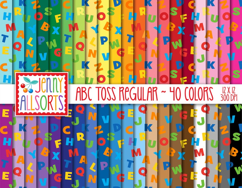 ABC Digital Paper Pack 40 Color Bundle, printable letter toss scrapbook paper, seamless scattered alphabet pattern, digital background image 1