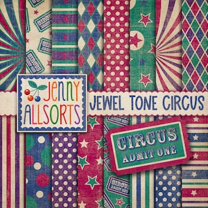 Clipart et papier numérique de cirque vintage - motifs de cirque imprimables ton bijou, arrière-plans de cirque usés, conceptions graphiques de carnaval sombres