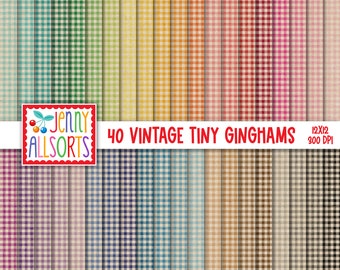 Paquete de papeles digitales Vintage Tiny Gingham - 40 colores, papeles para álbumes de recortes de 1/6" con estampado de cuadros vichy imprimibles de 12x12 pulgadas, fondos digitales de cuadros vichy sin costuras.