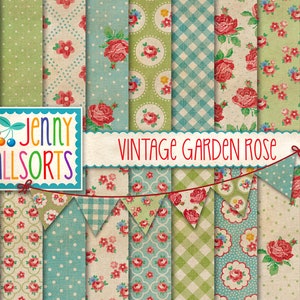 Vintage Garden Rose Digital Paper Set + Clipart - 18 farmhouse cottage wallpaper patterns, faded worn shabby country rose background designs